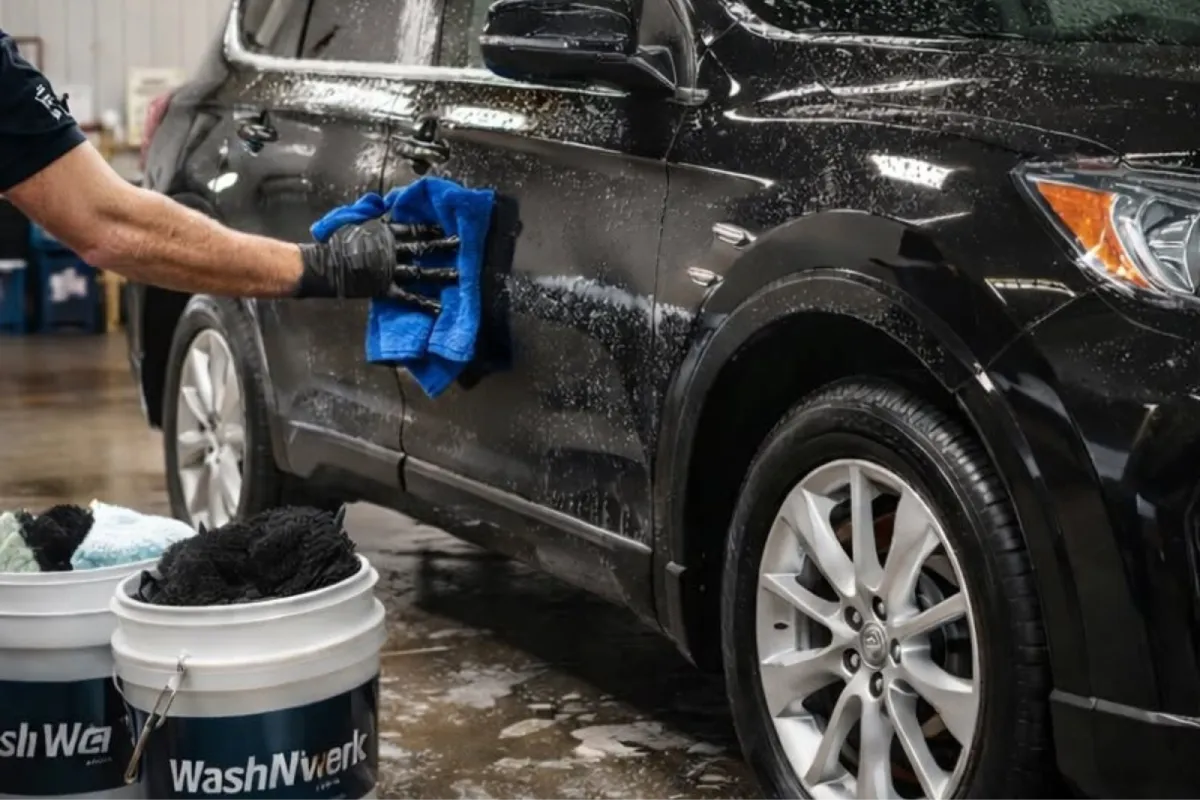 Black SUV undergoing professional car detailing.