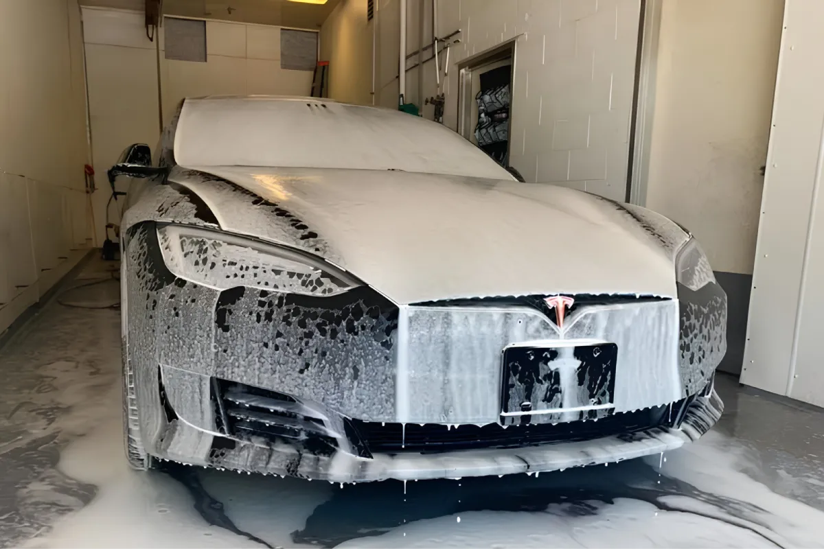 Tesla receiving professional car detailing service.